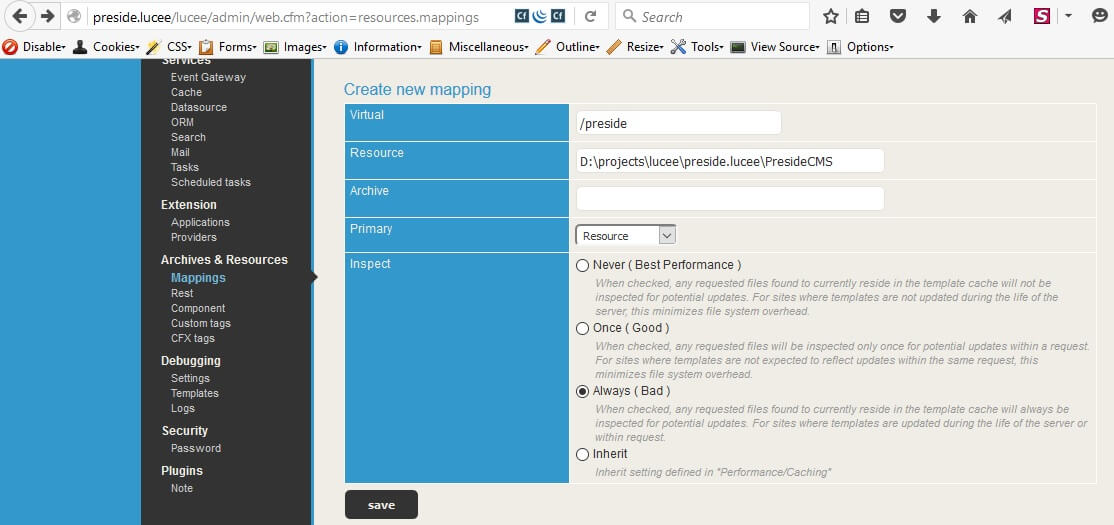 Lucee Mapping for Preside CMS Core