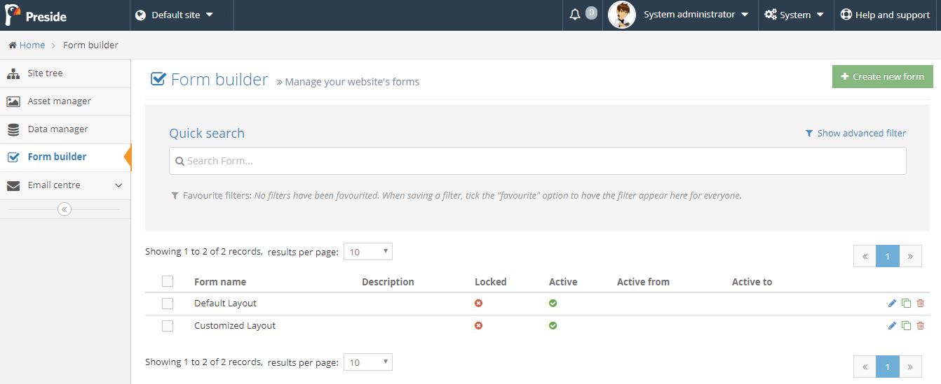 presidecms form builder new forms Newforms