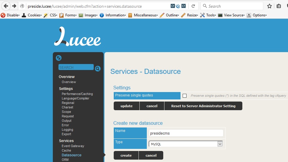 Create Lucee Dsn for Preside CMS