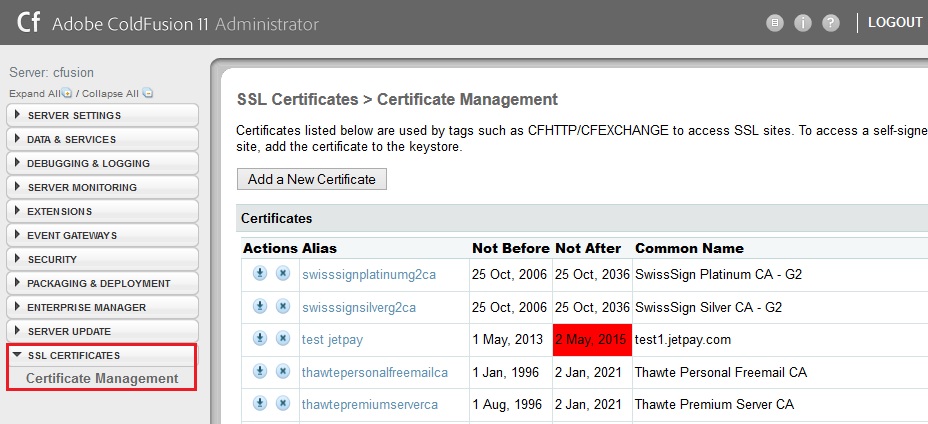 Imported SSL Certificates List in Cold Fusion